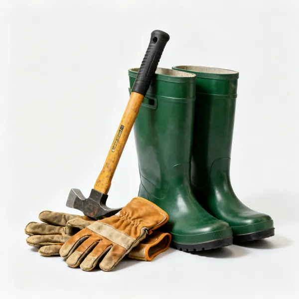 Gloves and safety boots: A pair of leather rigger gloves beside a pair of green safety wellington boots