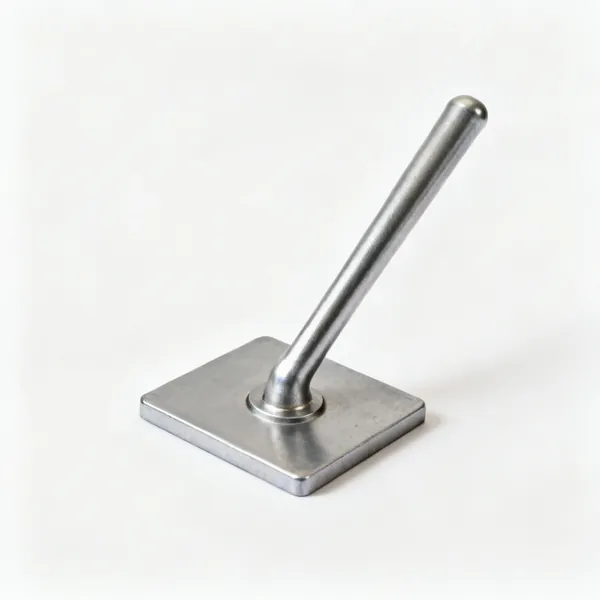 A steel hand tamper compactor with a flat square plate and a long handle
