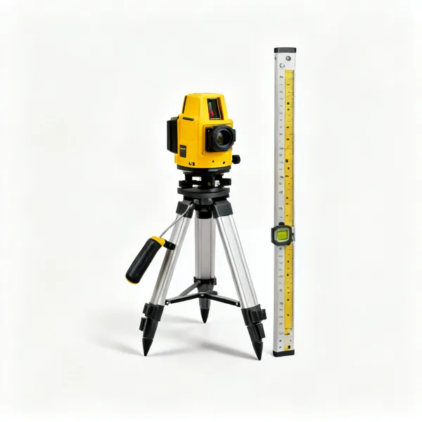Rotary laser and staff: A yellow rotary laser level on a tripod beside a graduated levelling staff