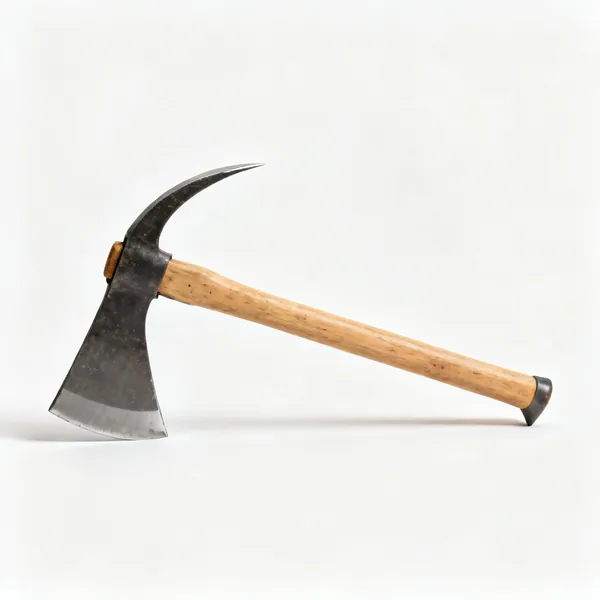 A mattock with a wide adze blade and a pick end on a wooden handle