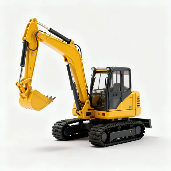 A small yellow mini excavator digger with a bucket arm and rubber tracks