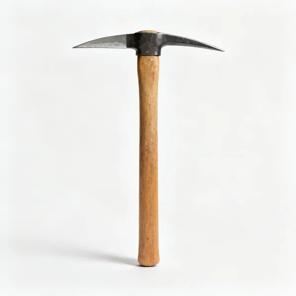 A pick axe with a pointed end, a flat blade and a wooden handle