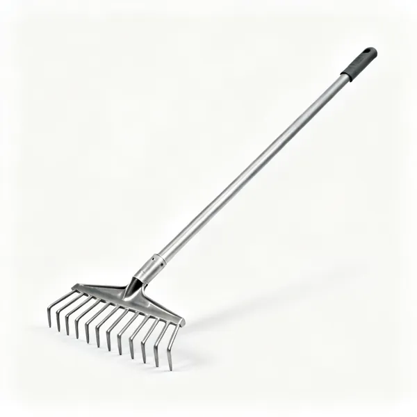 A steel landscape rake with a wide toothed head and a long handle