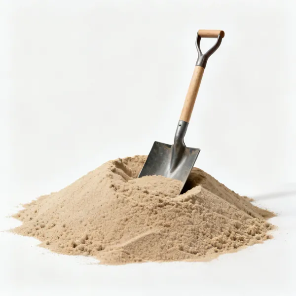 A pile of fine bedding sand with a shovel standing in it