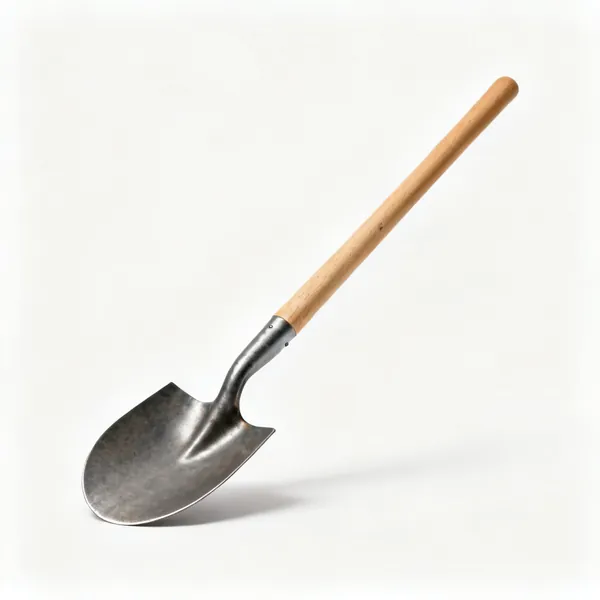 A round mouth steel shovel with a curved blade and a wooden shaft