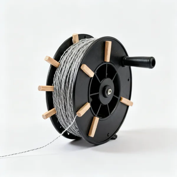 String line and pegs: A builder's string line on a winder with several wooden pegs