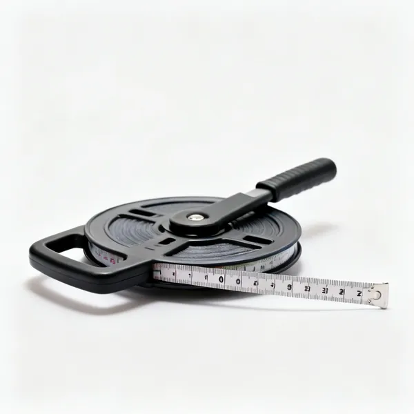 Long tape: An open reel 30 metre fibreglass measuring tape with a winding handle