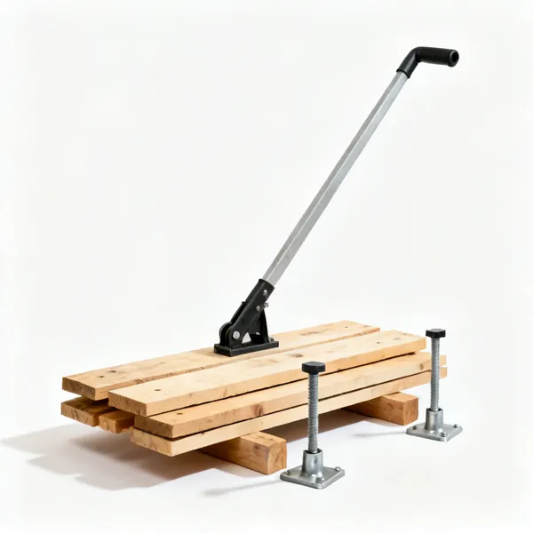 Several timber shoring boards and two adjustable steel props