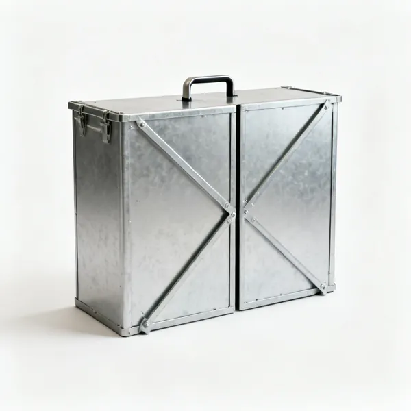 Trench box: A steel trench support box with two panels and adjustable cross struts