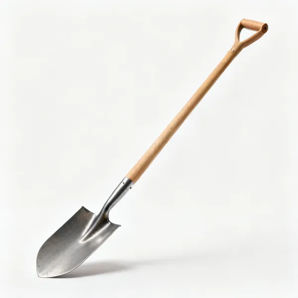 A narrow bladed trenching spade with a long steel blade and a wooden shaft