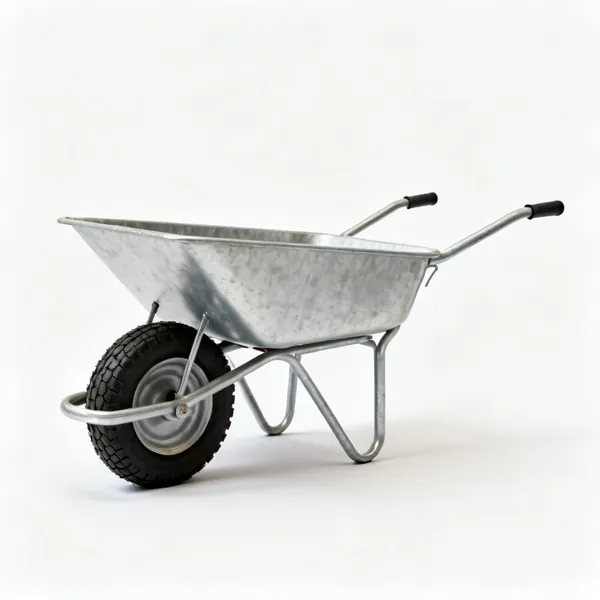 A metal builder's wheelbarrow with a pneumatic tyre