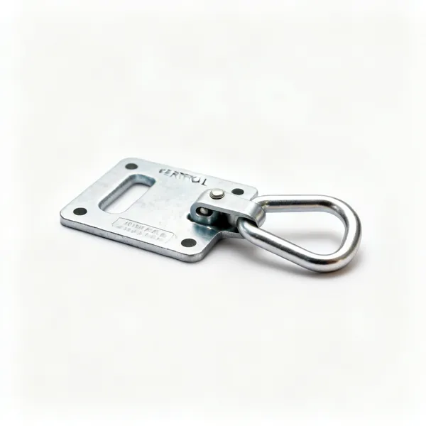A metal certified fall arrest anchor point plate with a D ring