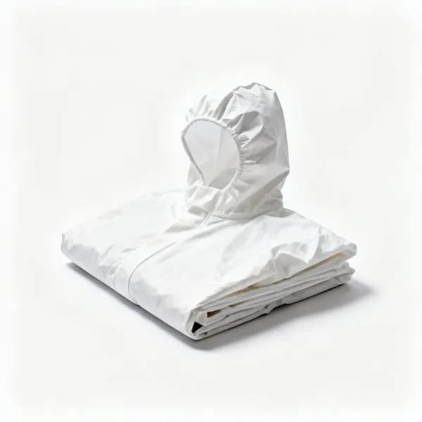 Coveralls: A folded white disposable coverall suit with a hood
