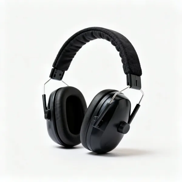 A pair of over ear protective ear defenders with a padded headband