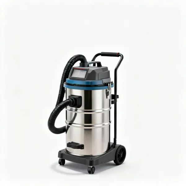 A workshop dust extraction vacuum with a hose and a filter housing