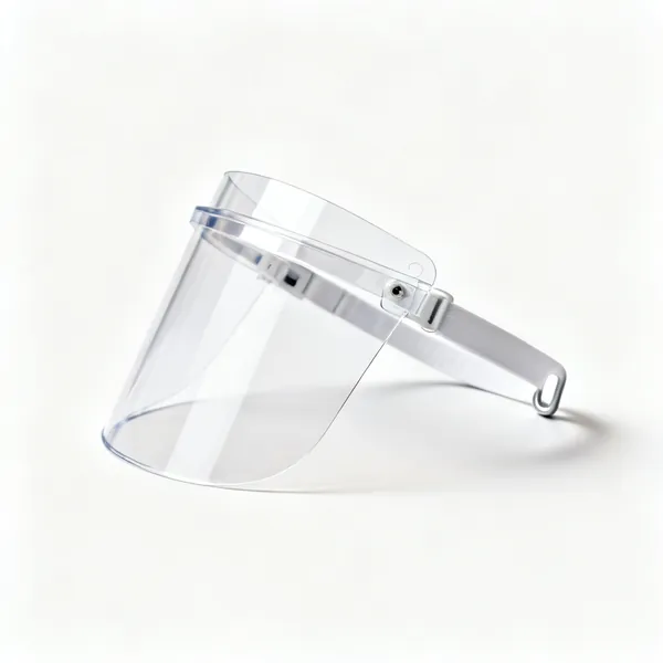 A clear polycarbonate face shield with a headband and a pivoting visor