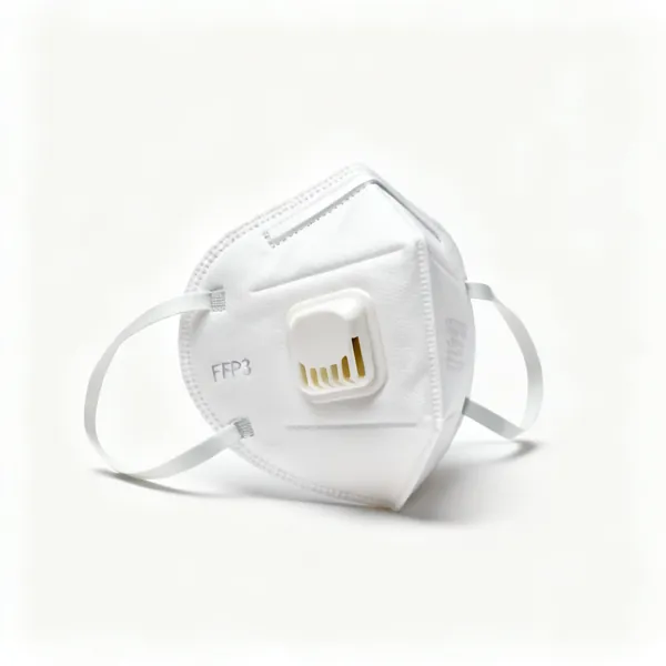 A white FFP3 respirator dust mask with two straps and a nose clip