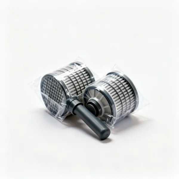 Replacement filters: Two cylindrical respirator filter cartridges in sealed packaging