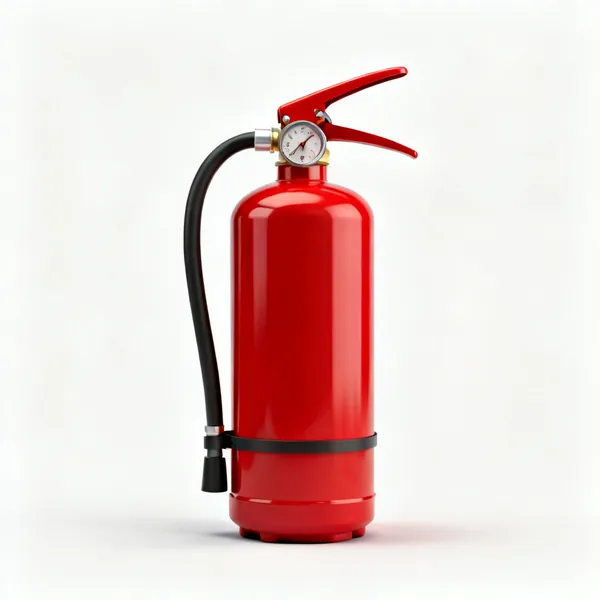 A red fire extinguisher with a pressure gauge and a hose