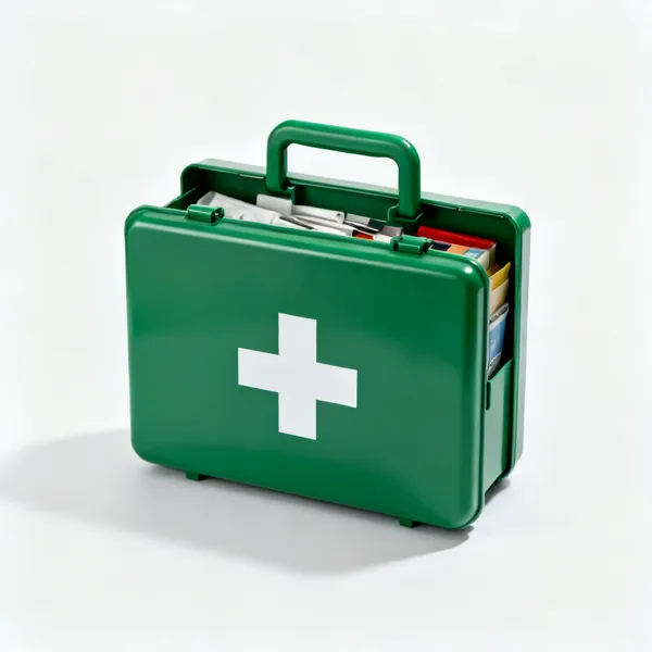 A green first aid kit box with a white cross, open showing contents