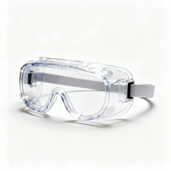 A pair of sealed clear safety goggles with a headband