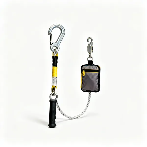 Shock absorbing lanyard: A shock absorbing fall arrest lanyard with a scaffold hook and a pack