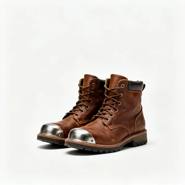 Safety boots: A pair of brown leather safety work boots with steel toecaps