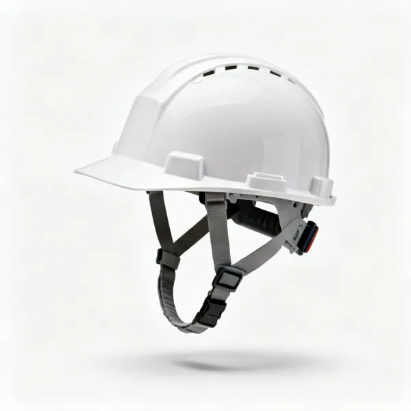A white safety helmet with an adjustable harness and a chinstrap