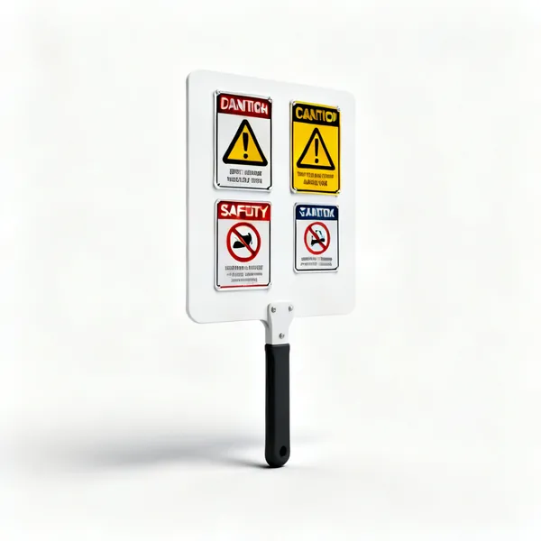 Safety signage: Several construction site safety warning signs on a board