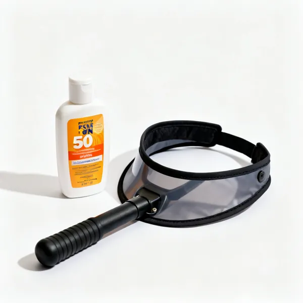 Sun protection: A bottle of high factor sun cream beside a helmet neck shade flap