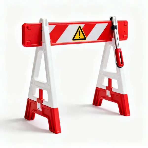Barriers and signage: Two red and white plastic barrier panels with a warning sign