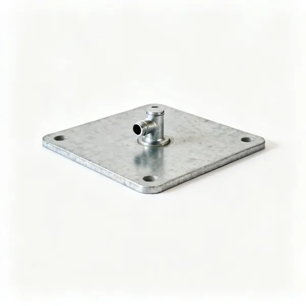 A galvanised steel scaffold base plate with a central spigot