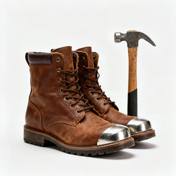Safety boots: A pair of brown leather safety work boots with steel toecaps