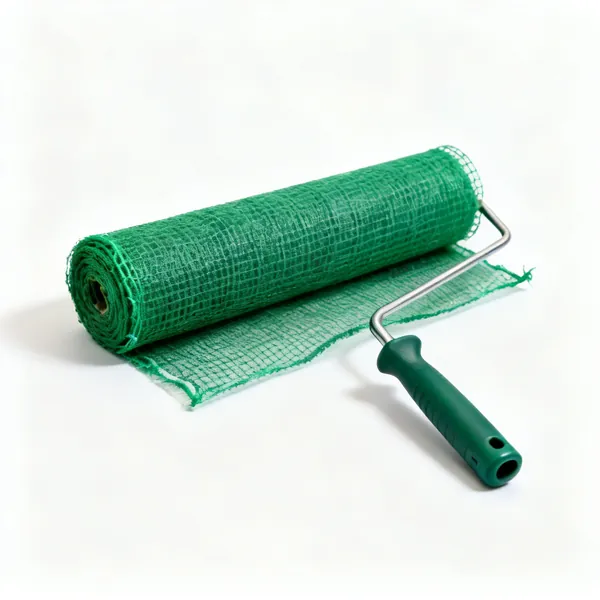 A roll of green scaffold debris netting partly unrolled