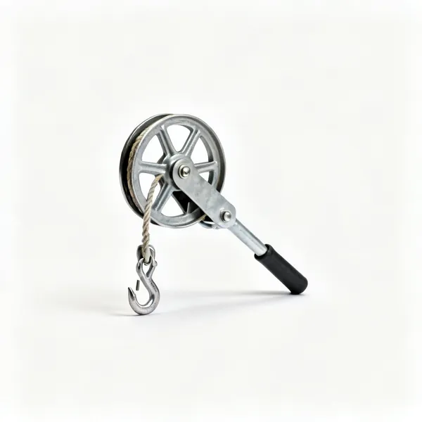A metal scaffold gin wheel pulley with a rope and a hook