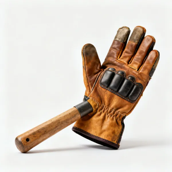 A pair of leather palmed rigger gloves with reinforced knuckles