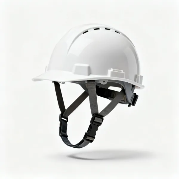 A white safety helmet with a chinstrap and an adjustable harness