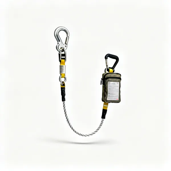 Shock absorbing lanyard: A shock absorbing fall arrest lanyard with a scaffold hook and a pack