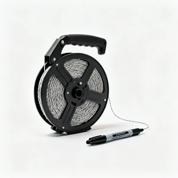 Chalk and marker: A chalk line reel and a black marker pen