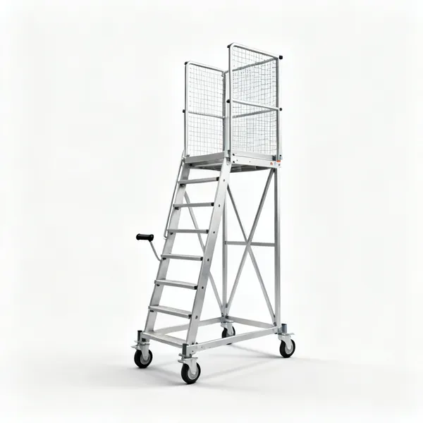 An aluminium mobile access tower with a guarded platform and castor wheels