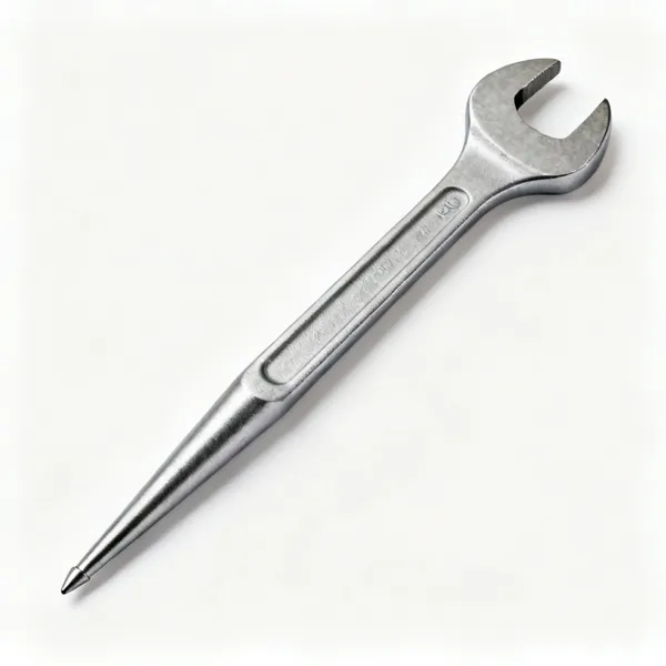 A steel podger spanner with a long tapered point and an open spanner end