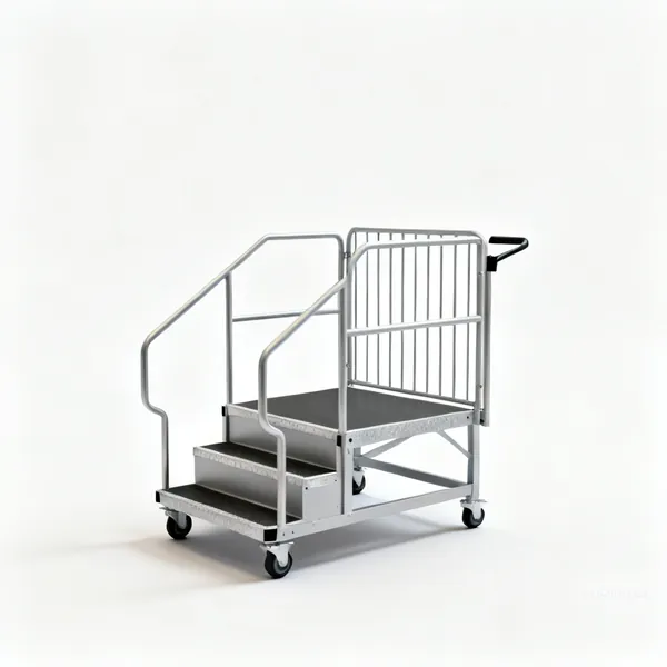 Podium steps: A mobile podium step platform with guard rails and a gate