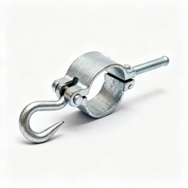Putlog coupler: A galvanised putlog scaffold coupler with a single clamping jaw and a hook