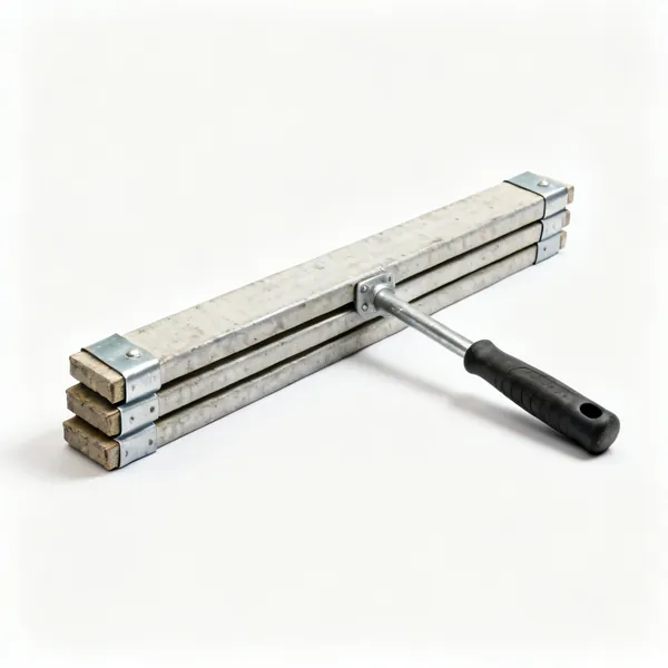 Three scaffold boards with galvanised banded ends, stacked