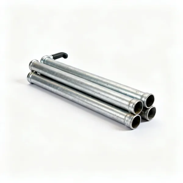 Three lengths of galvanised steel scaffold tube stacked together