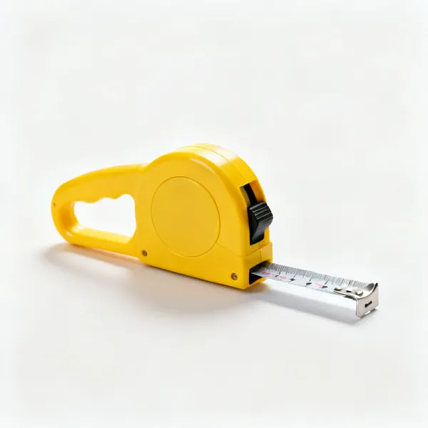 A retractable steel tape measure with a yellow case, blade partly extended