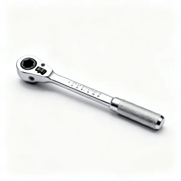 A chrome click type torque wrench with a scale on the handle