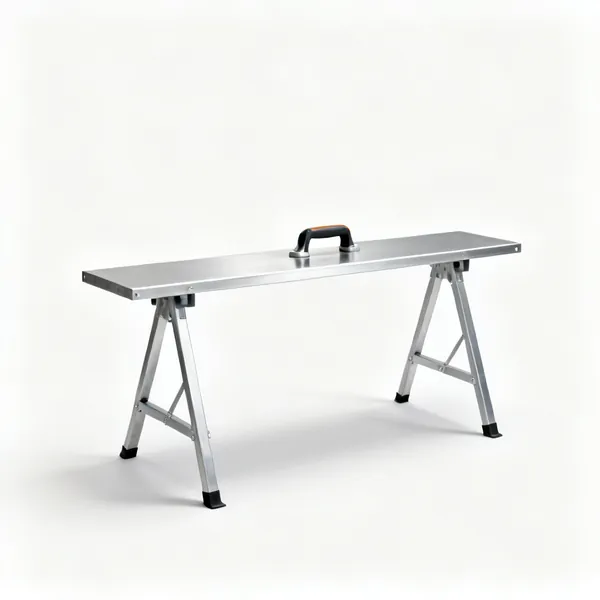Trestles and staging: Two metal trestles supporting an aluminium staging board