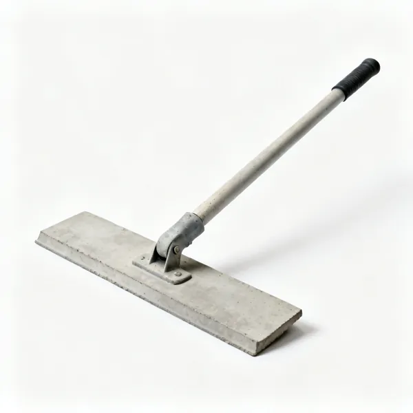 A wide concrete bull float on a long handle