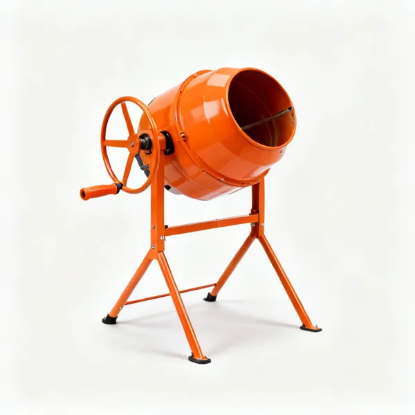 An orange electric cement mixer on a stand
